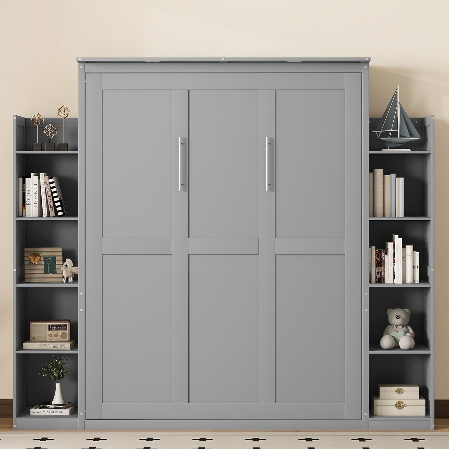 WADRI Queen Size Murphy Bed Wall Bed with Bookshelf, Can Be Folded Into Cabinet, Solid Wood Murphy Bed Chest Cabinet Bed for Guest Room Bedroom Office, Maximize Space Savings (Gray-sd1)