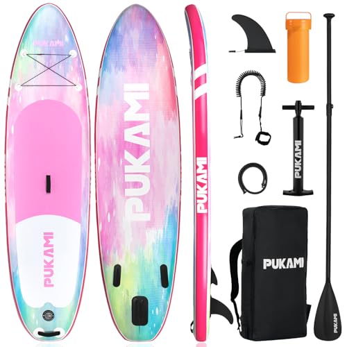 PUKAMI Inflatable Paddle Board for Adults,10.6' Stand Up Paddle Board with Premium SUP Accessories & Carry Bag,Paddle,Pump,Leash,Wide Stable Design,Non-Slip Deck,Surf Control for Youth
