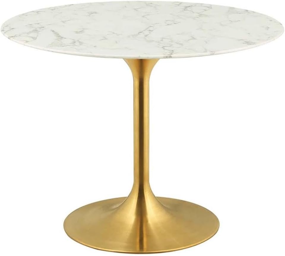 Hawthorne Collections Mid-Century 40" Round Faux Marble Top Pedestal Dining Table in Gold