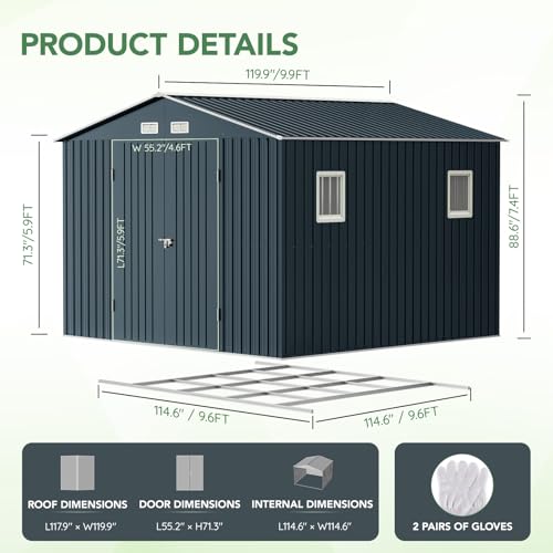10X12X7.5 FT Outdoor Steel Storage Shed with Lockable Doors, 2 Windows, Transparent Roof Panels (Wood Panels & Frame Floor Not Included), Ideal for Patio Storage,Garbage Can, Chicken Coop，Brown