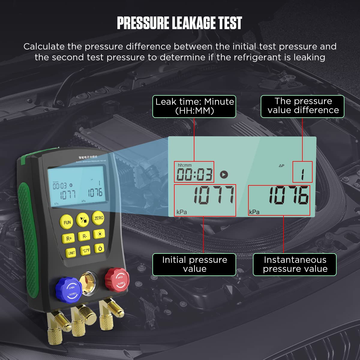Digital Manifold Gauge Set HVAC Dual-Channel Temp Sensor HVAC Tools for 89 Kind of Refrigerant Digital AC Gauges Vacuum Pressure&Temp Test Digital HVAC Gauges with Hoses Digital Refrigeration Gauge