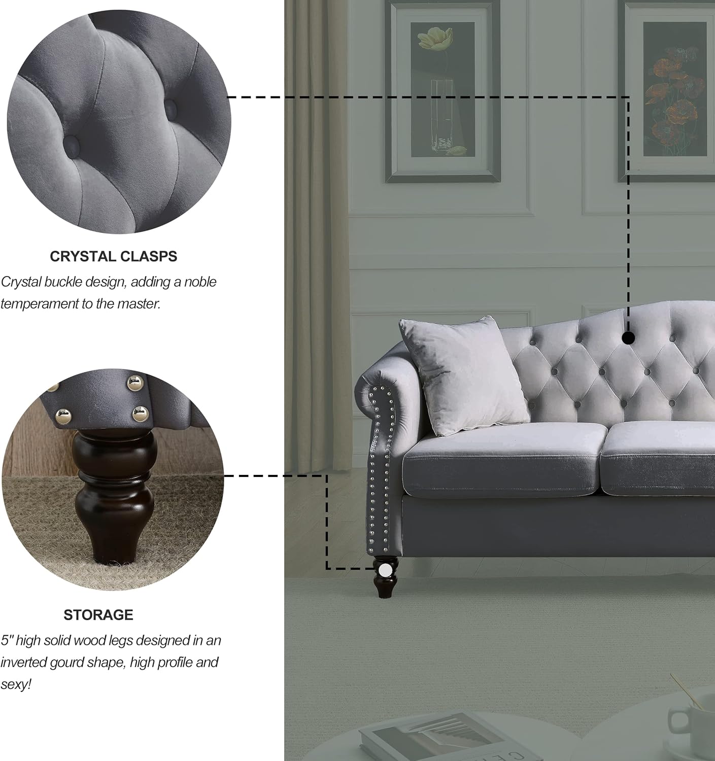 79" Chesterfield Sofa Grey Velvet for Living Room, 3 Seater Sofa Tufted Couch with Rolled Arms and Nailhead for Living Room, Bedroom, Office, Apartment, 2 pillowsW834S00012
