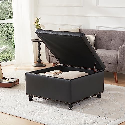 Kingfun Square Ottoman Coffee Table, Large Leather Ottoman with Storage Tufted Upholstered Bench, Oversized Footrest for Living Room, Brown