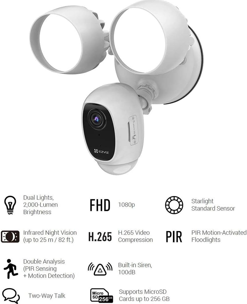 EZVIZ Floodlight Security Camera WiFi, H.265, PIR Motion Detection, 1080P Live View, Siren Alarm, Starlight Color Night Vision, Two-Way Audio, Weatherproof | LC1C