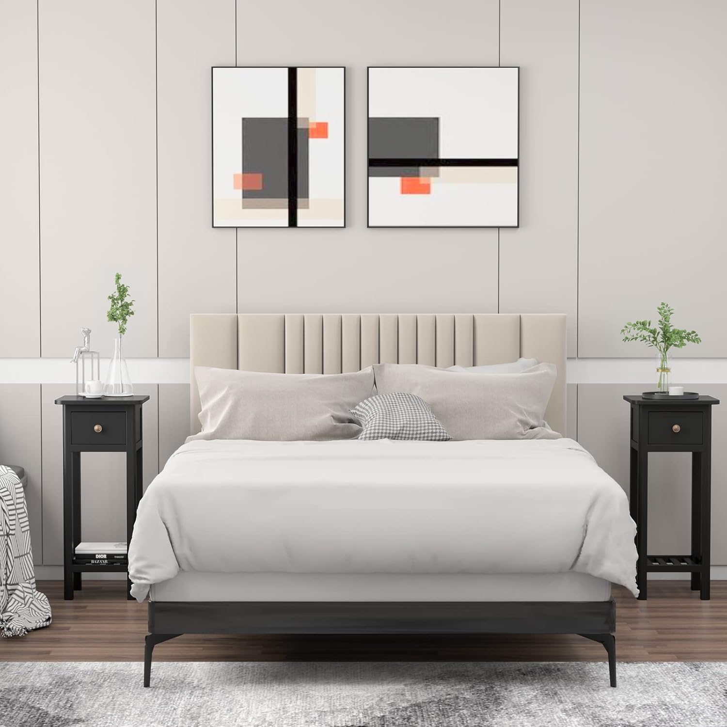 GORELAX Narrow End Table, Tall Nightstands Set of 2 with Drawer & Shelf, Slim Bedside Tables w/Anti-Tipping Device, No Assembly, Wooden Small Side Table for Small Space, Living Room, Bedroom, Black