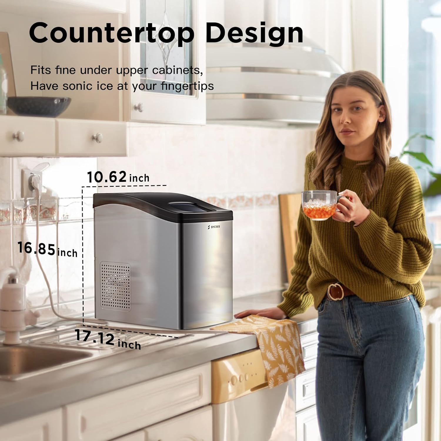 Nugget Ice Maker for Countertop, 33lbs/24h, Sonic Ice Ready in 10 Mins, 5lbs Ice Storage, Self-Cleaning Function, Touch Control, Stainless Steel Pellet Ice Machine for Home Kitchen, Bar, Office