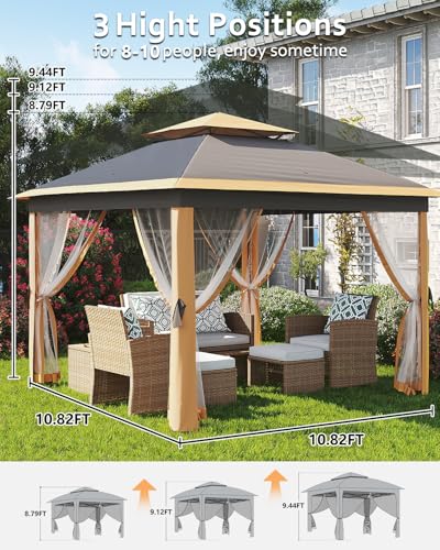 11x11 Pop Up Gazebo Tent with Mosquito Netting, Outdoor Canopy Shelter Easy Setup, Water & UV Resistant - Khaki