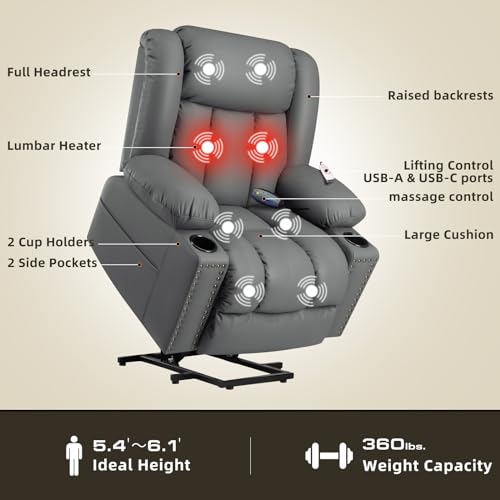 Large Power Lift Chairs Recliners for Elderly with Heat and Massage Set of 2, Overstuffed Lift Chairs, 3 Position, Breathable Leather, USB-A and USB-C, Cup Holder, Side Pocket Dark Brwon