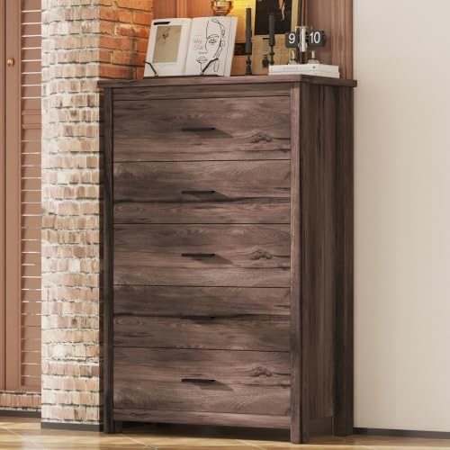 Retro American Country Style Wooden Dresser with 5 Drawer Storage Cabinet for Bedroom, Walnut