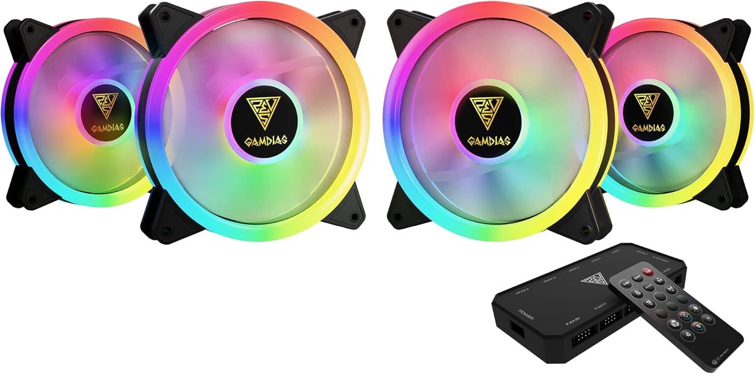 Zeus GAMDIAS RGB Computer Case Cooling Fans 120mm 4 Pack, Four Silent Trio-Ring PC Fans, Addressable RGB Fan Hub Supports Up to 8 Fans & 2 Strips, Supports Motherboard Sync, Hydraulic Bearing Design