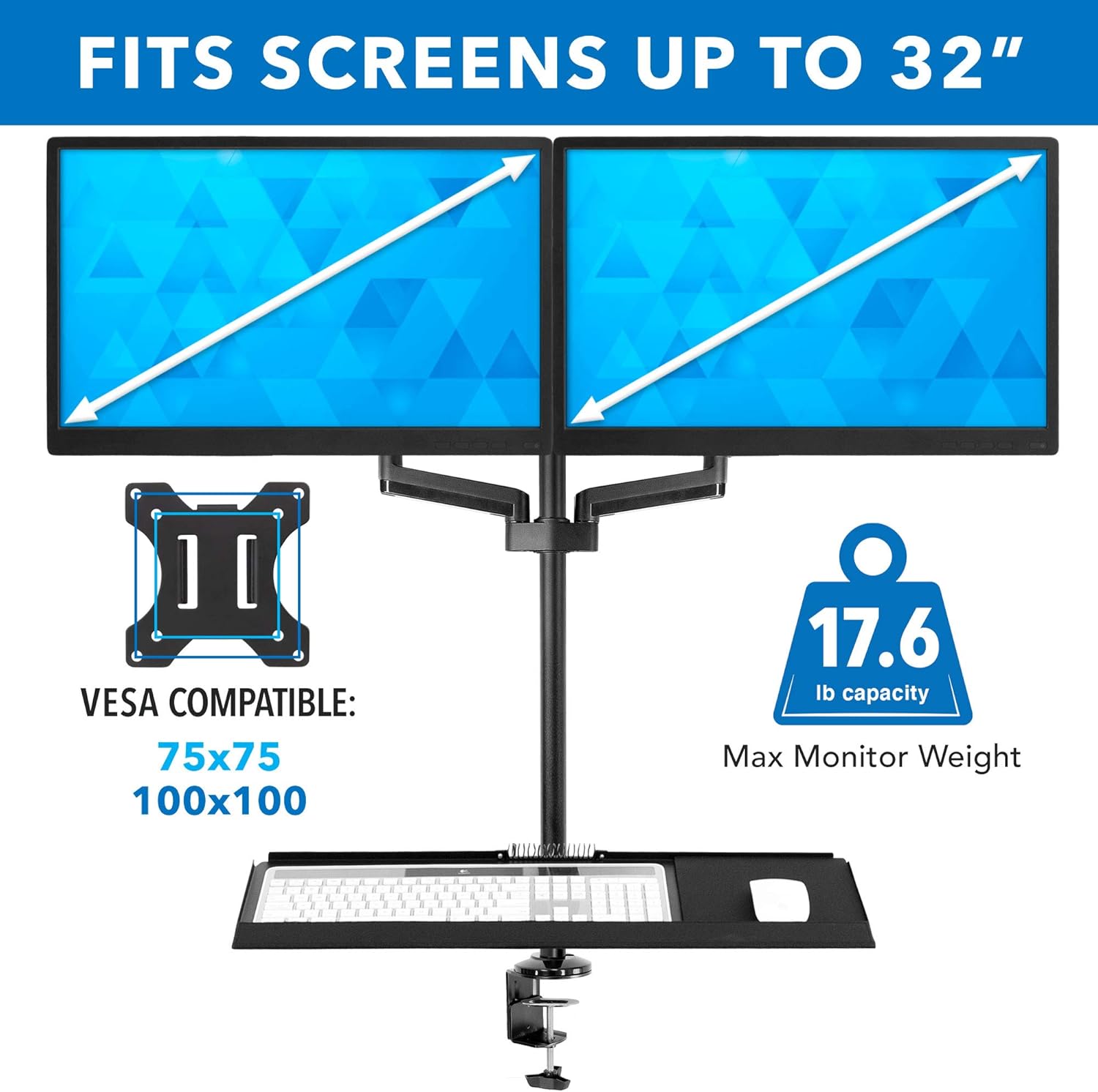 MOUNT-IT! Dual Monitor Sit Stand Workstation [2 Screens up to 32" Each] Height Adjustable and Quick Release Screen Mount, Standing Desk with Keyboard Tray, (Black)