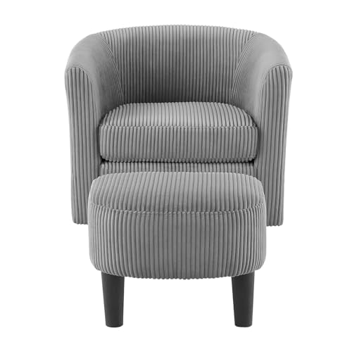 Swivel Accent Chair with Ottoman, Comfy Corduroy Barrel Chair, 360°Swivel Round Arm Chair, Reading Armchair with Footstool Set, Modern Club Sofa Chair for Bedroom, Living Room, Lounge, Office, Grey
