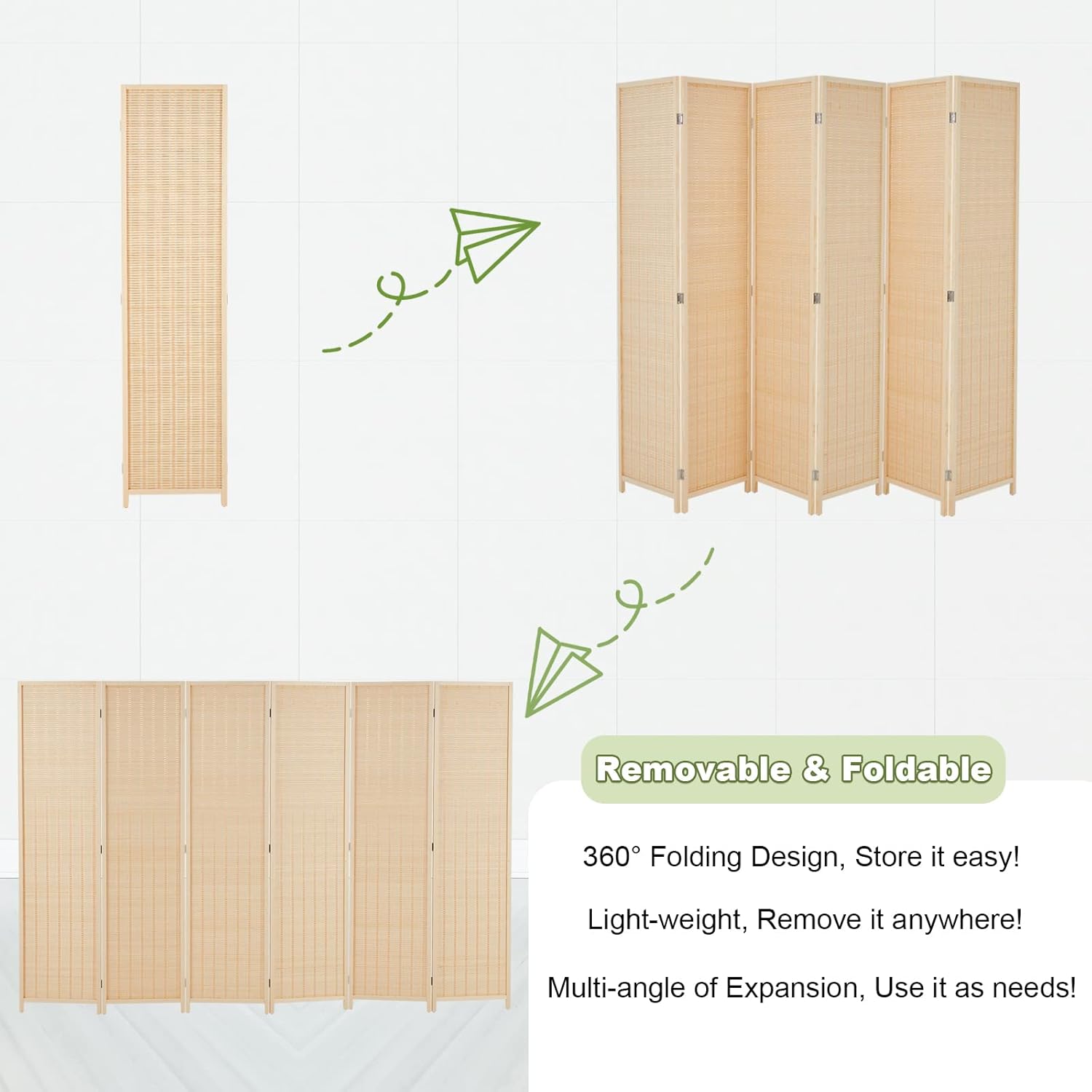 HADDOCKWAY 6 Panel Bamboo Room Divider Wall 6FT Tall Folding Privacy Screens Room Dividers Decorative Partition Wall Dividers for Office, Bedroom, Apartment