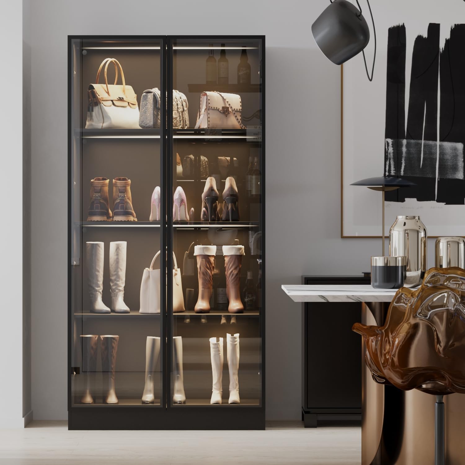 Display Cabinet with Glass Doors & Lights, 4-Tier Storage Cabinet Trophy Curio Display, Lighted Bookcase for Home Office, Black