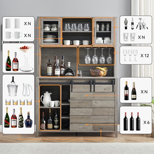 70" Farmhouse Coffee Bar Wine Cabinet with Sliding Barn Doors and Storage, Tall Kitchen Hutch with Wine & Glasses Rack, Pantry Cabinet for Kitchen, Dining Room, White