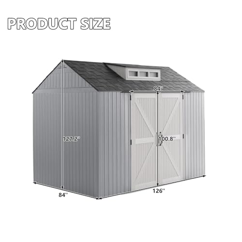 Large Resin Outdoor Storage Shed with Floor (7-10.5 Ft) - Weatherproof Double Wall Construction for Lawn Mowers, Garden Tools, Bike & Pool Supplies, Lockable (Brown, 7x7 FT)