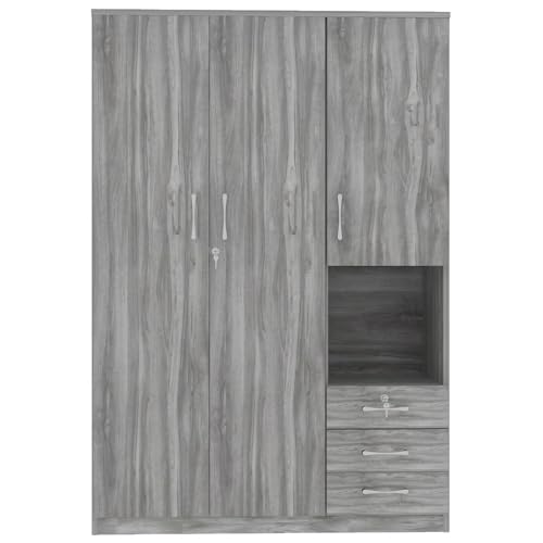 Merax Armoire Wardrobe Closet, 47.2''L*20" D*68.9" H Clothing Storage Cabinet with 6-Tier Shelves and Hanging Rod, Household Wooden Wardrobe Storage Cabinet with 3 Drawers,Grey