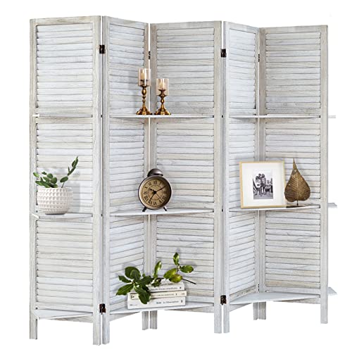 Room Divider with Shelves, Privacy Screen, Room Dividers and Folding Privacy Screens, 5 Panel Wood Temporary Wall Partition Separation Separator, Coconut