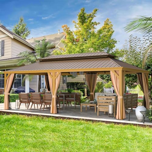 MELLCOM 12'x16' Hardtop Gazebo, Galvanized Steel Metal Double Roof Canopy with Curtains and Netting, Brown Permanent Pavilion Gazebos with Aluminum Frame for Garden, Patio, Lawns, Deck
