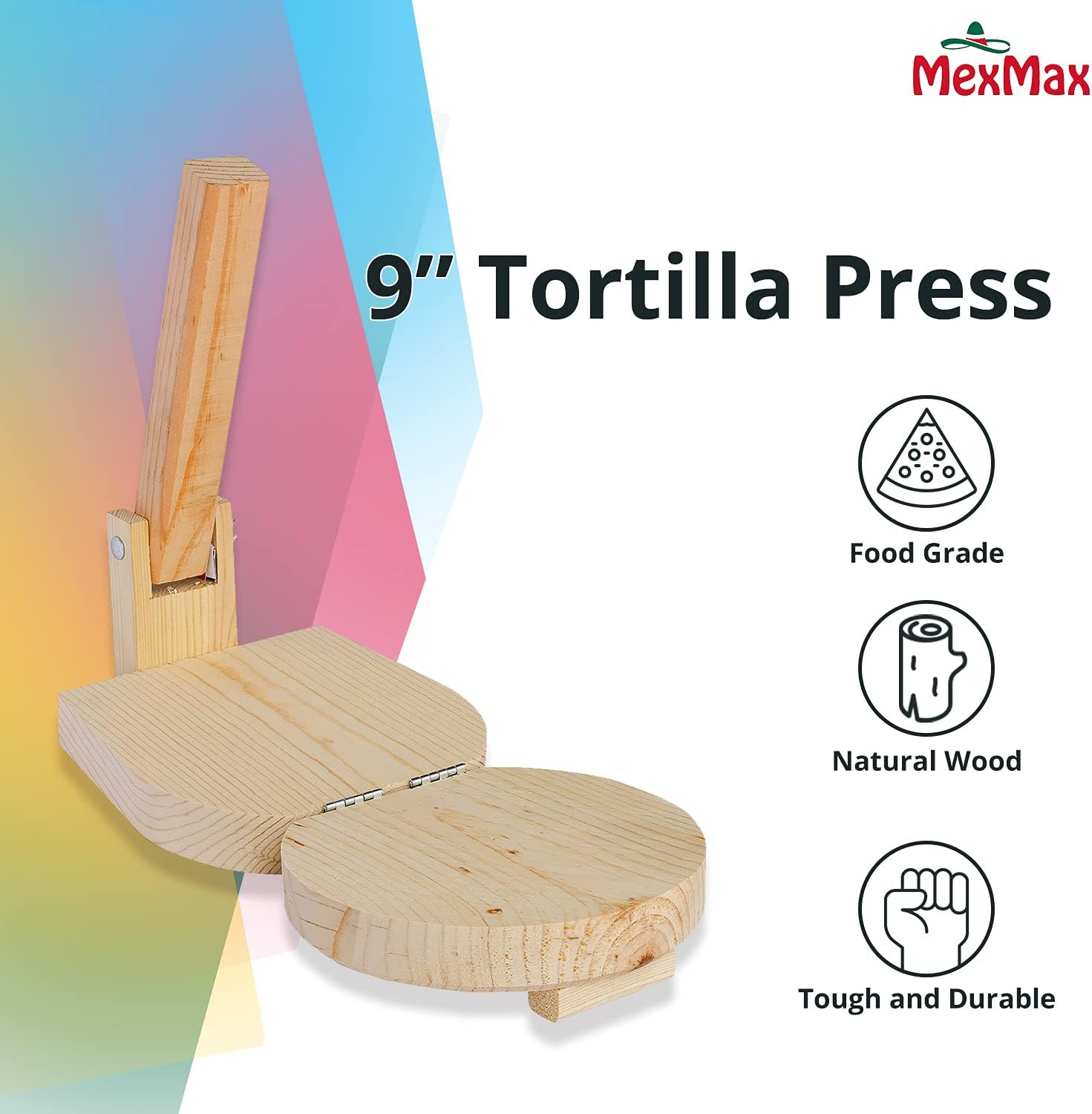 CHAMPS 9 Inch Wooden Tortilla Presser to Make Thin and Flat Discs for Homemade Mexican Tortillas, Dumpling, Roti or Empanadas - Round Prensa de Tortilla de Madera for Your Home and Business