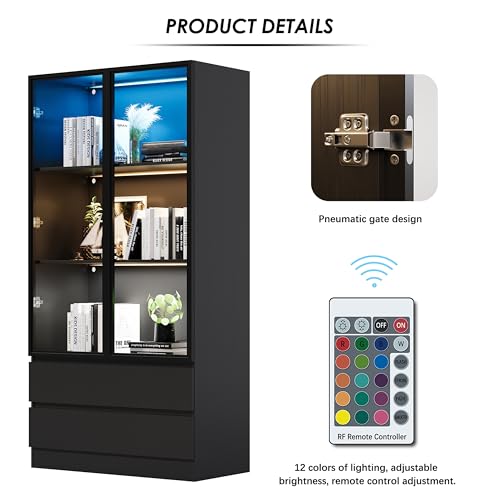 Tempered Glass Door Display Cabinet with LED Lights and 3 Storage Shelves,Tall Modern Display Storage Organizer with 2 Drawers and 2 Doors,Bookcase Bookshelf for Living Room,Home Office,Black