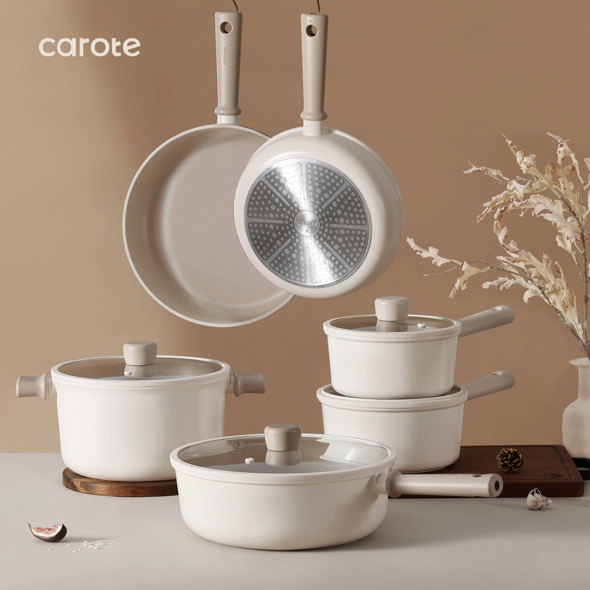 Carote Nonstick Pots and Pans Set, 13 Pcs Induction Kitchen Cookware Sets(Taupe Granite)