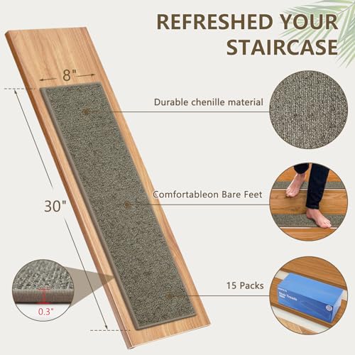 Stair Treads Non Slip for Wooden Steps Indoor, KOOTETA 15 Pack 8" X 30" Carpet Stair Treads with Reusable Adhesive for Kids Elders and Dogs, Surface Polyester TPR Backing Stair Runner Rugs, Dark Grey