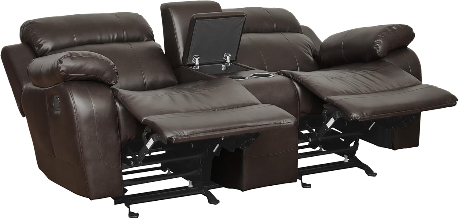 Double Glider Reclining Love Seat with Center Console Brown Faux Leather Upholstered Contemporary Living Room Furniture
