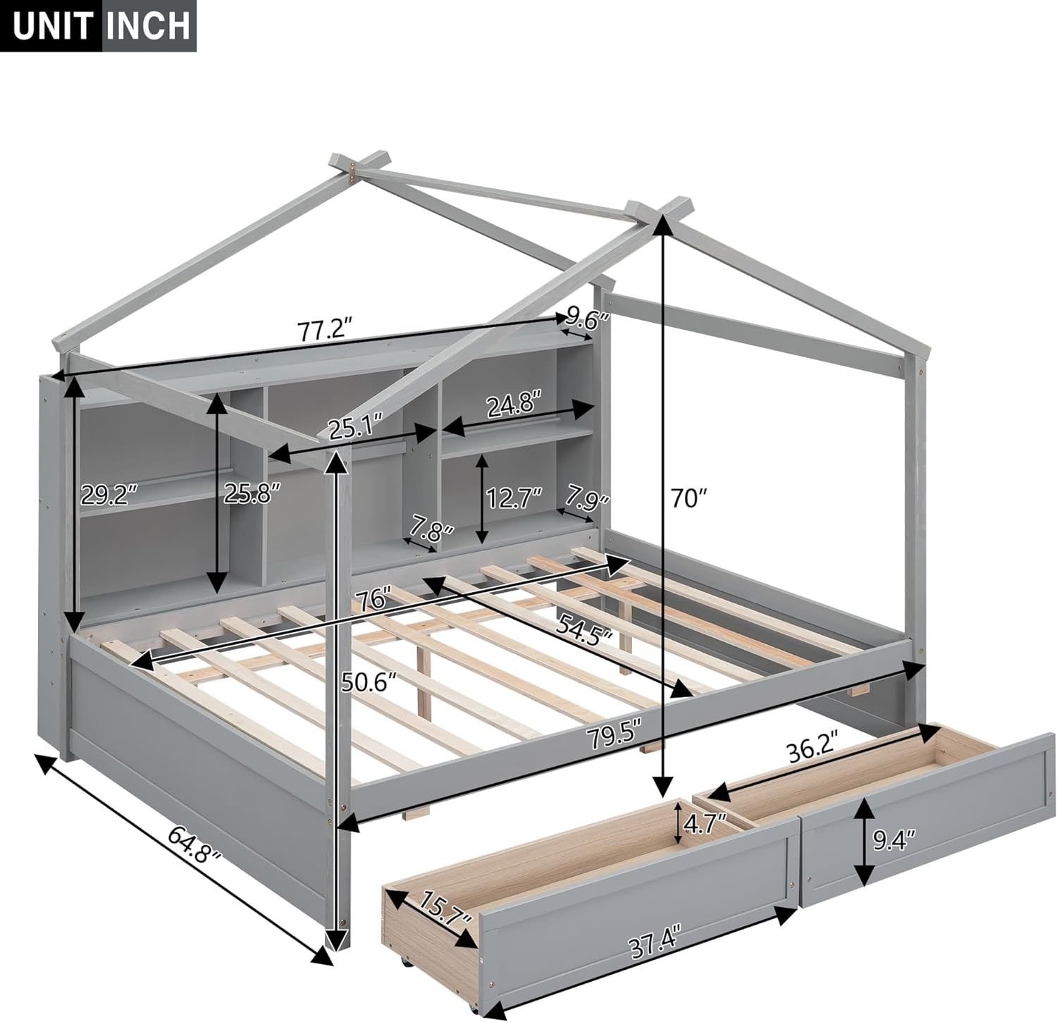 House Bed with Storage, Full Size House Bed with Storage Shelves and 2 Drawers, Wood Bed Frame with Roof for Kids, Teens, Boys or Girls, Easy Assembly (with Drawers)
