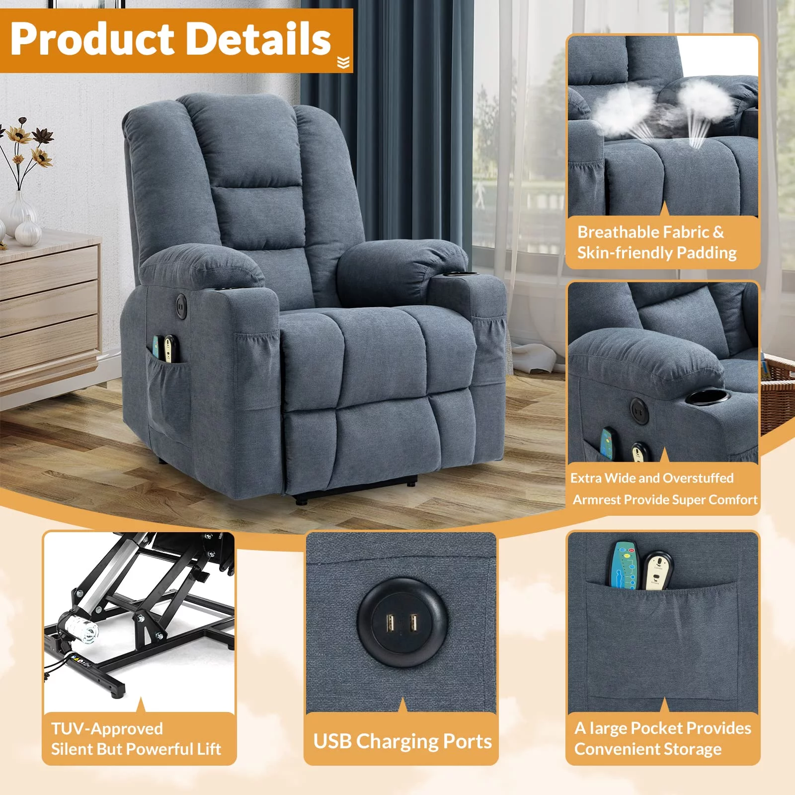 W WARMHOL Electric Power Lift Recliner Chair with Heat and Massage Lift Recliner for Elderly, Single Sofa recliners for Living Room with Cup Holders, 4 Pockets, USB Ports, Soft Fabric (Gray-Blue)