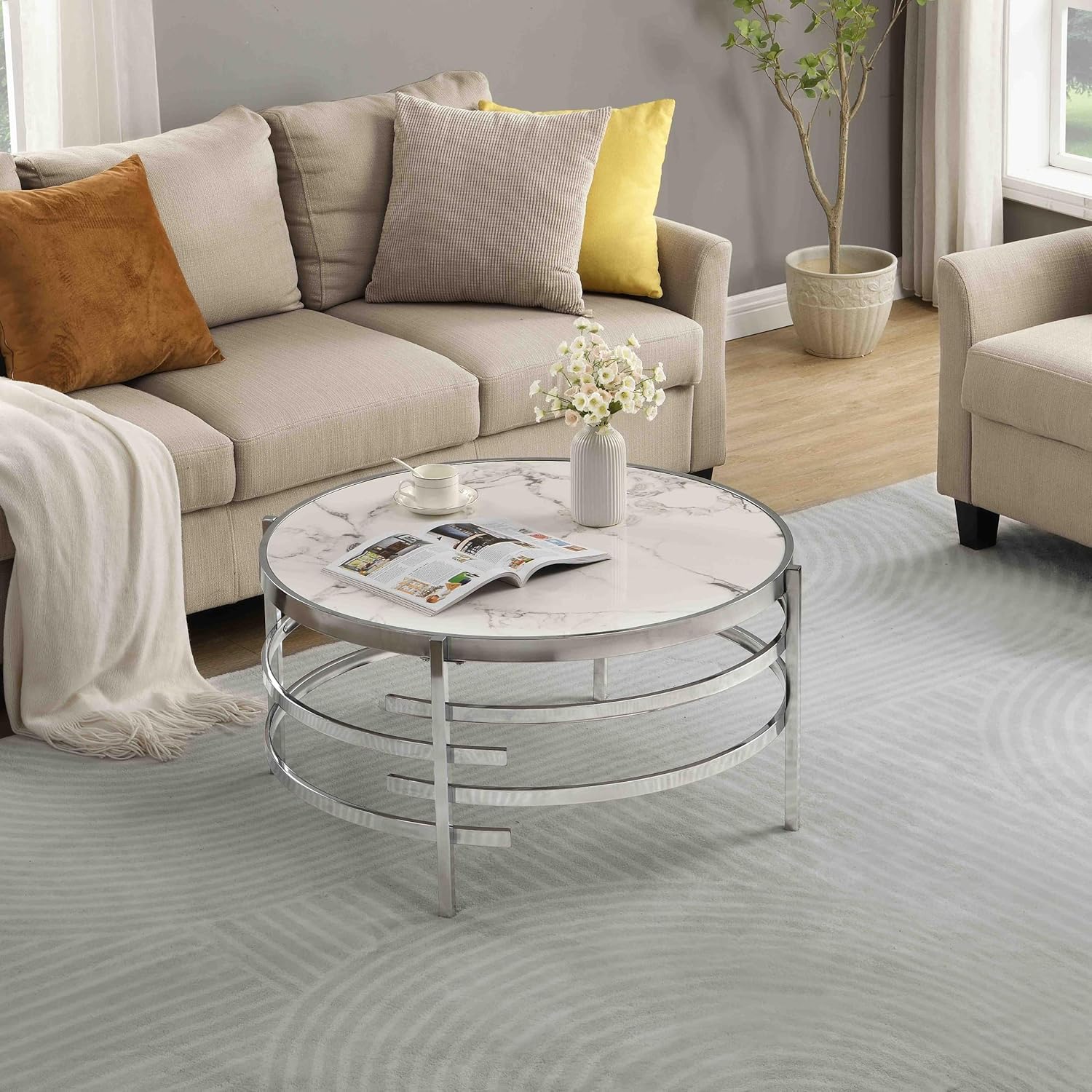 Goujxcy Modern Round Coffee Table, Elegant Coffee Table with Faux Marble Sintered Stone & Irregular Silver Metal Frame, 32.5in Cocktail Tea Table Center Table for Living Room Apartent Small Place