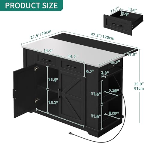 YITAHOME Kitchen Island with Stainless Steel Top & Drop Leaf, 47 Inch Kitchen Island on Wheels with Power Outlet, Rolling Portable Mobile Kitchen Cart w Storage Drawer Cabinet Counter Metal Top, White