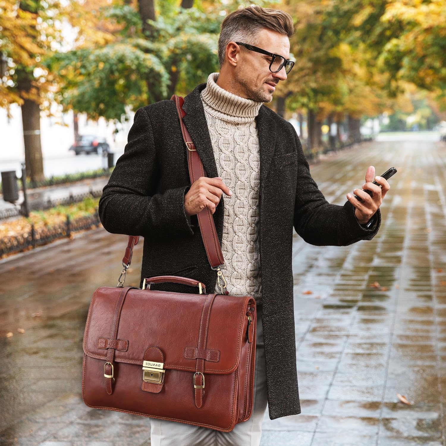 Banuce Vintage Genuine Full Grain Italian Leather Briefcase for Men with Lock 14 Inch Laptop Bag Professional Business Work Bag Attache Case with Luggage Strap Brown