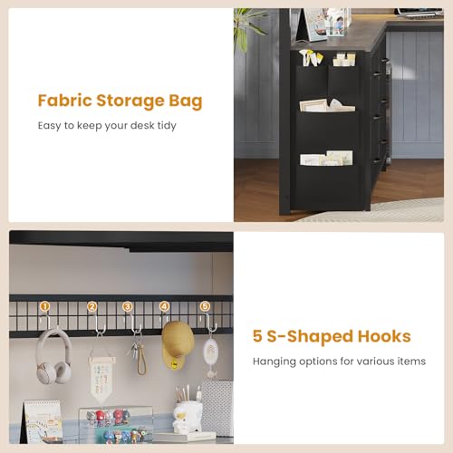 ADORNEVE Loft Bed Full Size with U-Shaped Desk, 6 Storage Drawers, Power Outlet, LED Metal Loft Bed with 2 Storage Shelves, Bed with Safety Guardrail & Ladders, No Box Spring Needed, Rustic Brown