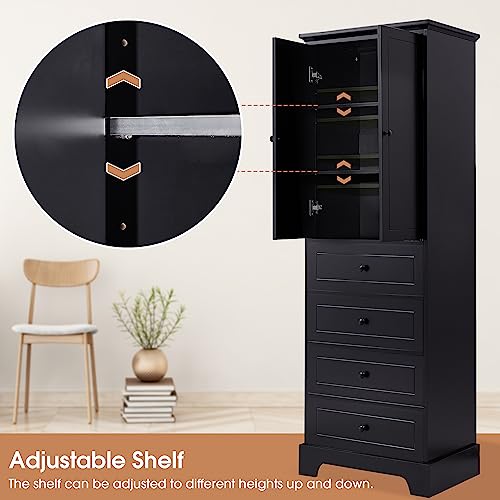 68.1" Tall Storage Cabinet with 2 Doors and 4 Drawers for Bathroom, Office, Pantry Cabinet Cupboard, Adjustable Shelf, MDF Board with Painted Finish, Solid Wood Frame (Black)