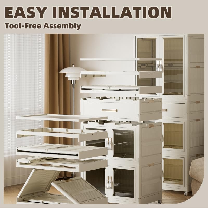 Portable Closet Wardrobe for Hanging Small Clothes, Folding Stackable Storage Bins with Lid, Folding Storage Box, 1 Hanging Area, 1 Drawer, 1 Storage Area（25Wx16.5Dx49.4H）