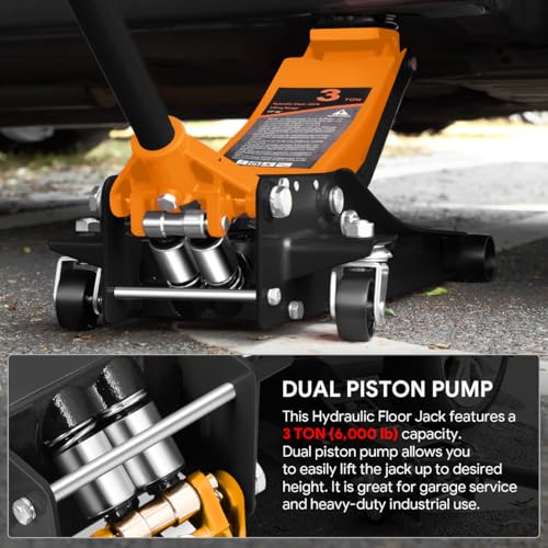DNA MOTORING Floor Jack 3 Ton (6000 lbs) Capacity, Fast Lift Service Jack Low Profile Steel Heavy Duty Hydraulic Car Jack, Lifting Range 3"-20", Black, TOOLS-00475-BK