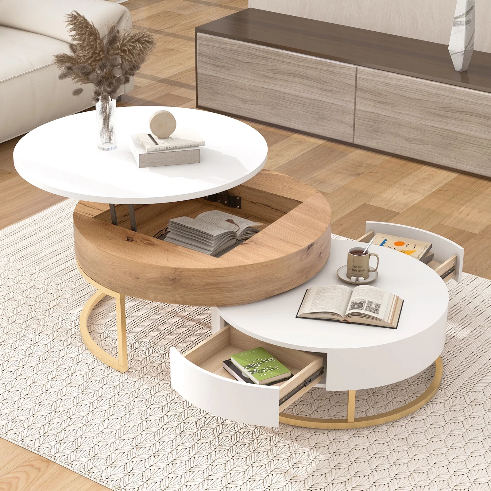 YISUYA Modern Round Lift-top Nesting Coffee Tables with 2 Drawers, Multifunctional Coffee Table, Lift Top Coffee Table, Center Table for Living Room, Home, Office, Oak Natural Wood + Antique White