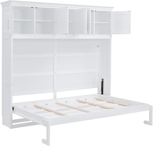 MERITLINE Queen Horizontal Murphy Bed Cabinet with Storage Bookcase Shelves and Charging Station,Wood Folding Grey Murphy Wall Bed for Adult