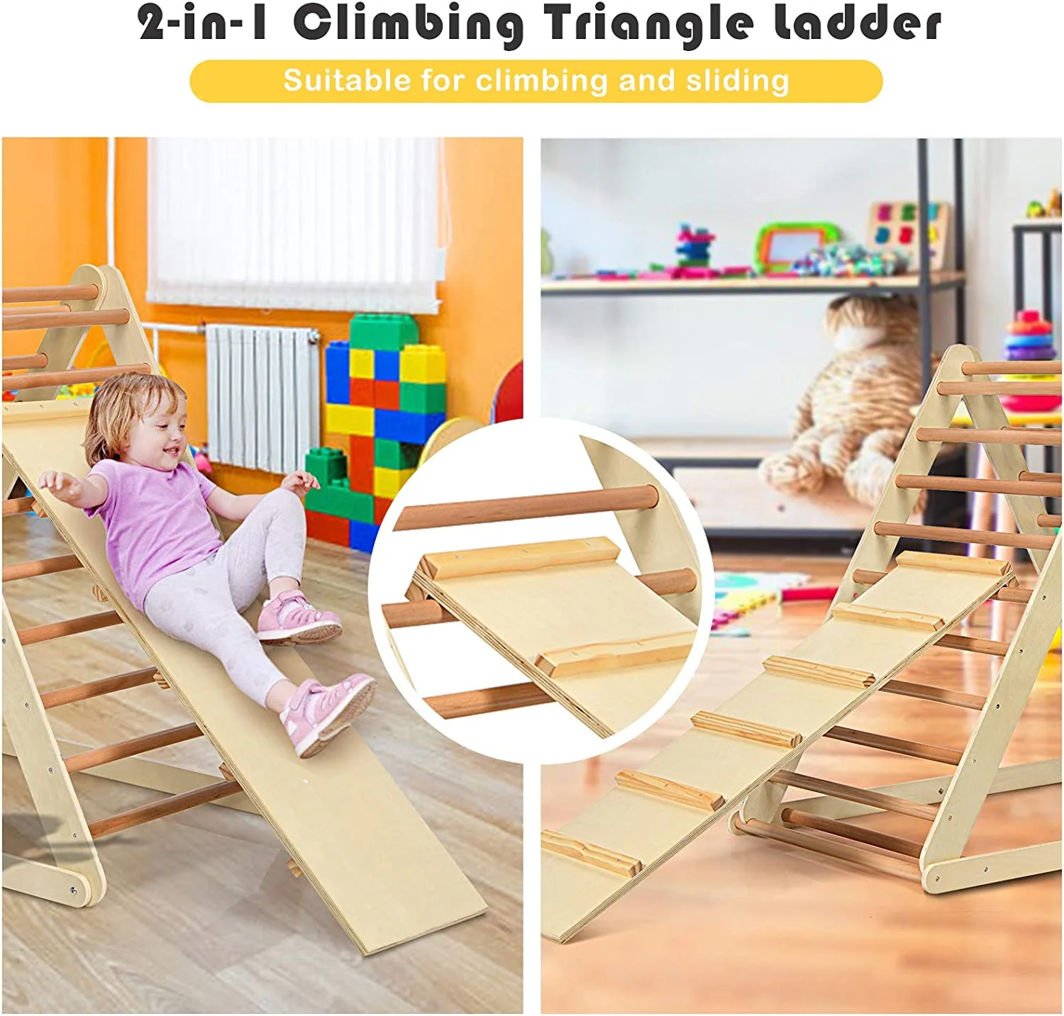 Triangle Climber with Tent, Kids Hideaway Play Tent & Rock Wall Climbing, Waterproof Tent Cover for Indoor Outdoor, Ring Bell, Wooden Climbing Triangle Crawling Tunnel Toy for Toddlers