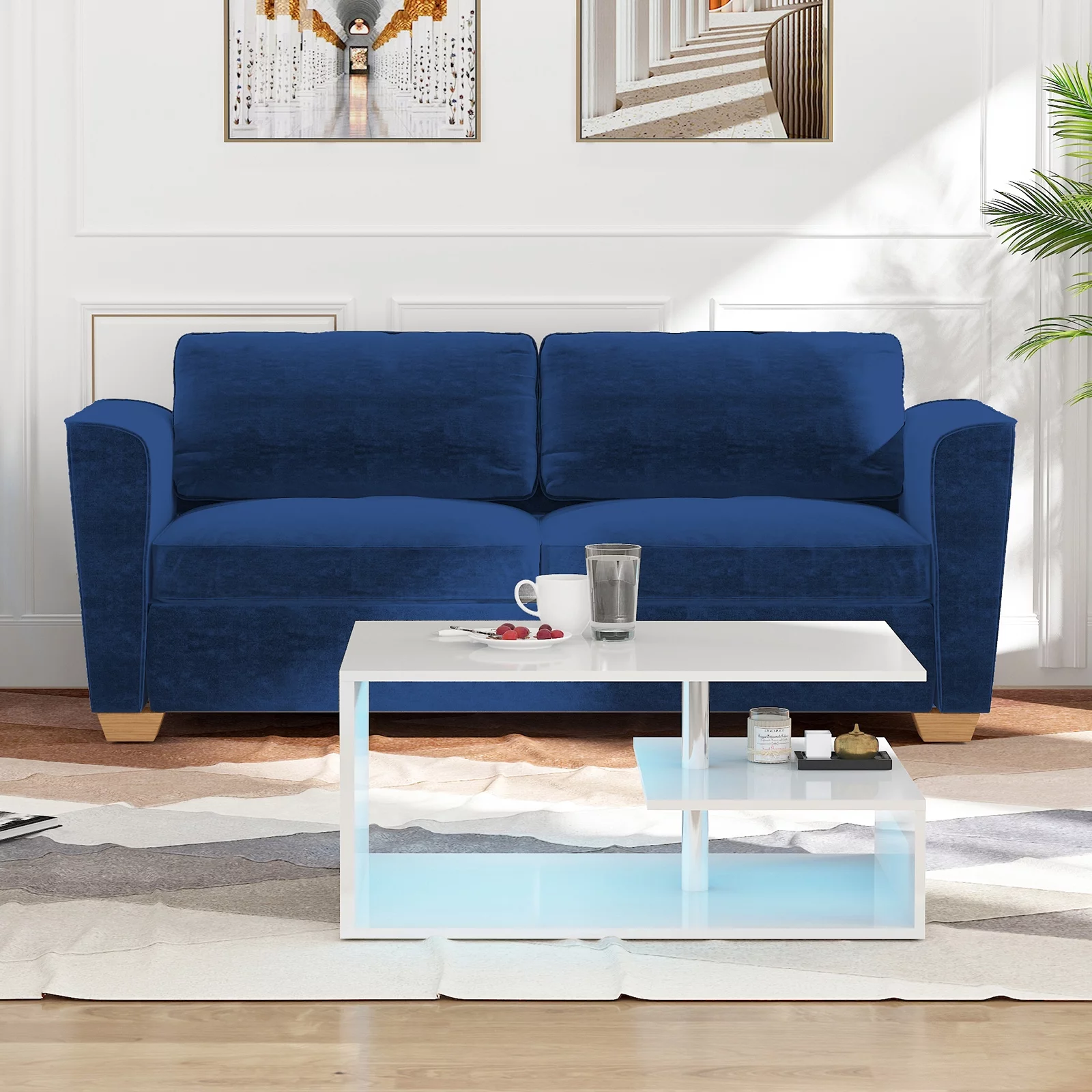 MUZZ Full Size Pull Out Sofa Bed, Velvet Sofa Couvh with Pull Out Bed, Sleeper Sofa Couch with Foam Mattress, 2-in-1 Sleeper Couch Bed for Living Room/Apartment/Small Spaces (Blue)