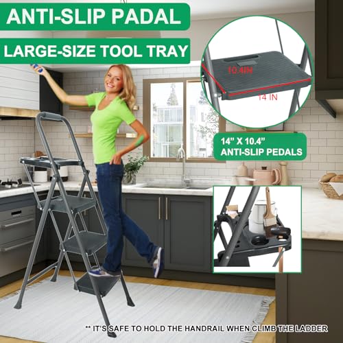 5 Step Ladder with Handrails, Folding Step Stool with Tool Tray Platform, 330lbs Portable Tall Step Labber for Adults for Home Kitchen Library Office