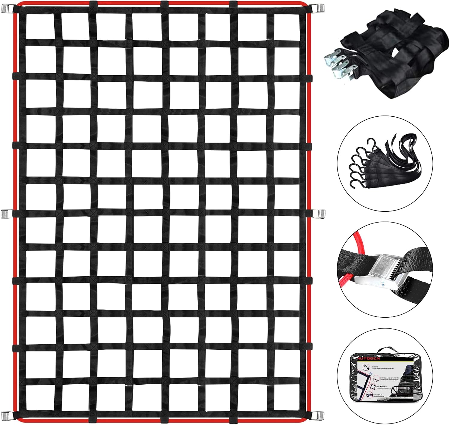 AUTOGEN Truck Bed Cargo Net, 57x73 Cargo Net with Cam Buckles & S-Hooks, Heavy Duty Cargo Nets Capacity 1100LBS for Pickup Trucks (4.75' x 6')