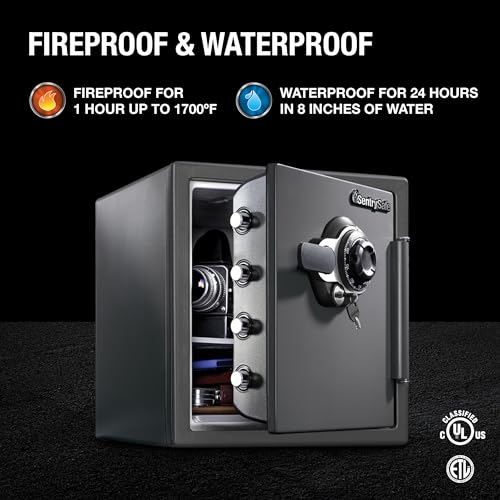 SentrySafe Fireproof and Waterproof Steel Home Safe with Dial Combination Lock & Sentry Safe Safe Box, Fireproof Waterproof, File Folder and Document Safe, Ex. 14.3 x 15.5 x 13.5, Black