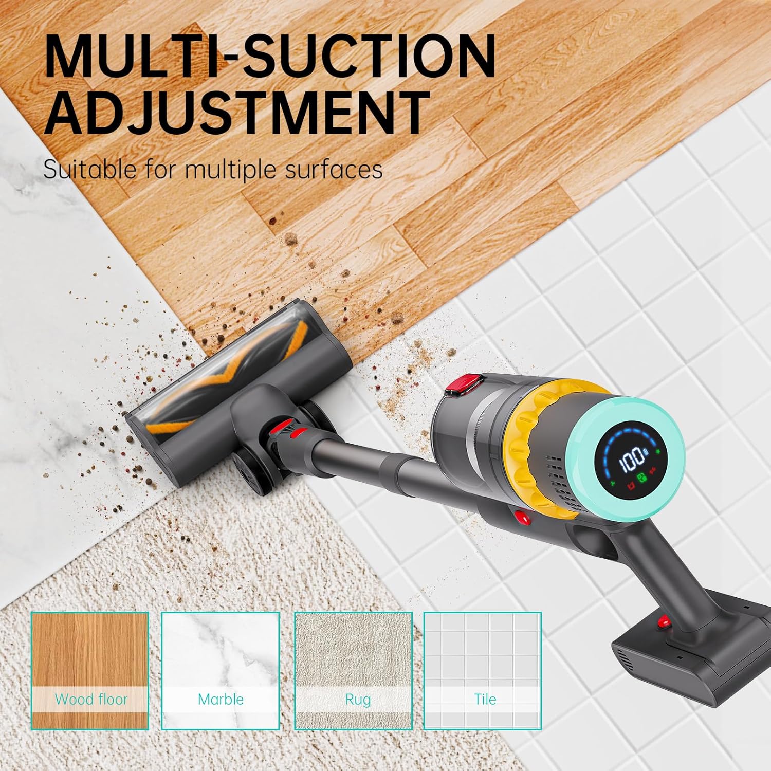 6 in 1 Cordless Vacuum Cleaner, Stick Vacuum Cordless with Touch Screen, 250W Brushless Motor Vacuum Cleaner for Home Hardwood Floor Carpet Pet Hair