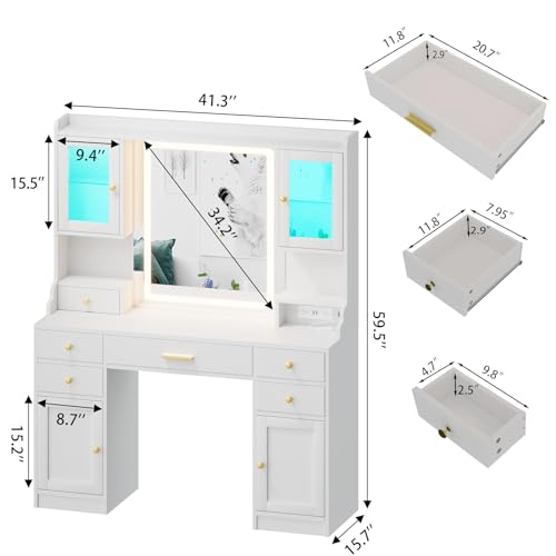 White Makeup Vanity Desk with Mirror and Lights, Large Vanity Table Set with Charging Station, Dressing Table with RGB Cabinets, Makeup Vanity Mirror with Lights Desk and Drawers, 3 LED Lights Modes