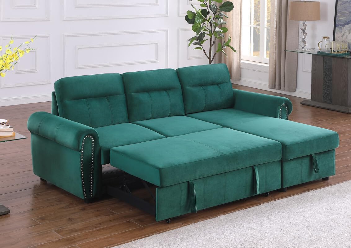 96Inch Convertible L Shaped Sleeper Sectional Sofa Velvet with Storage Chaise, Pull Out Bed,Reversible Corner Couch Design, Green