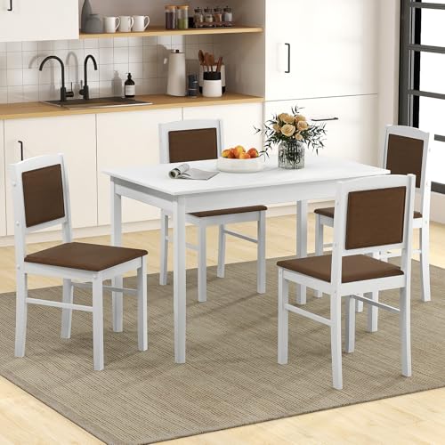GOFLAME 5-Piece Dining Table Set for 4, Rectangular Kitchen Table & 4 Chairs with Solid Wood Legs, Padded Seat & Backrest, Upholstered Dinette Set for Dining Room, Breakfast Nook, Restaurant, White