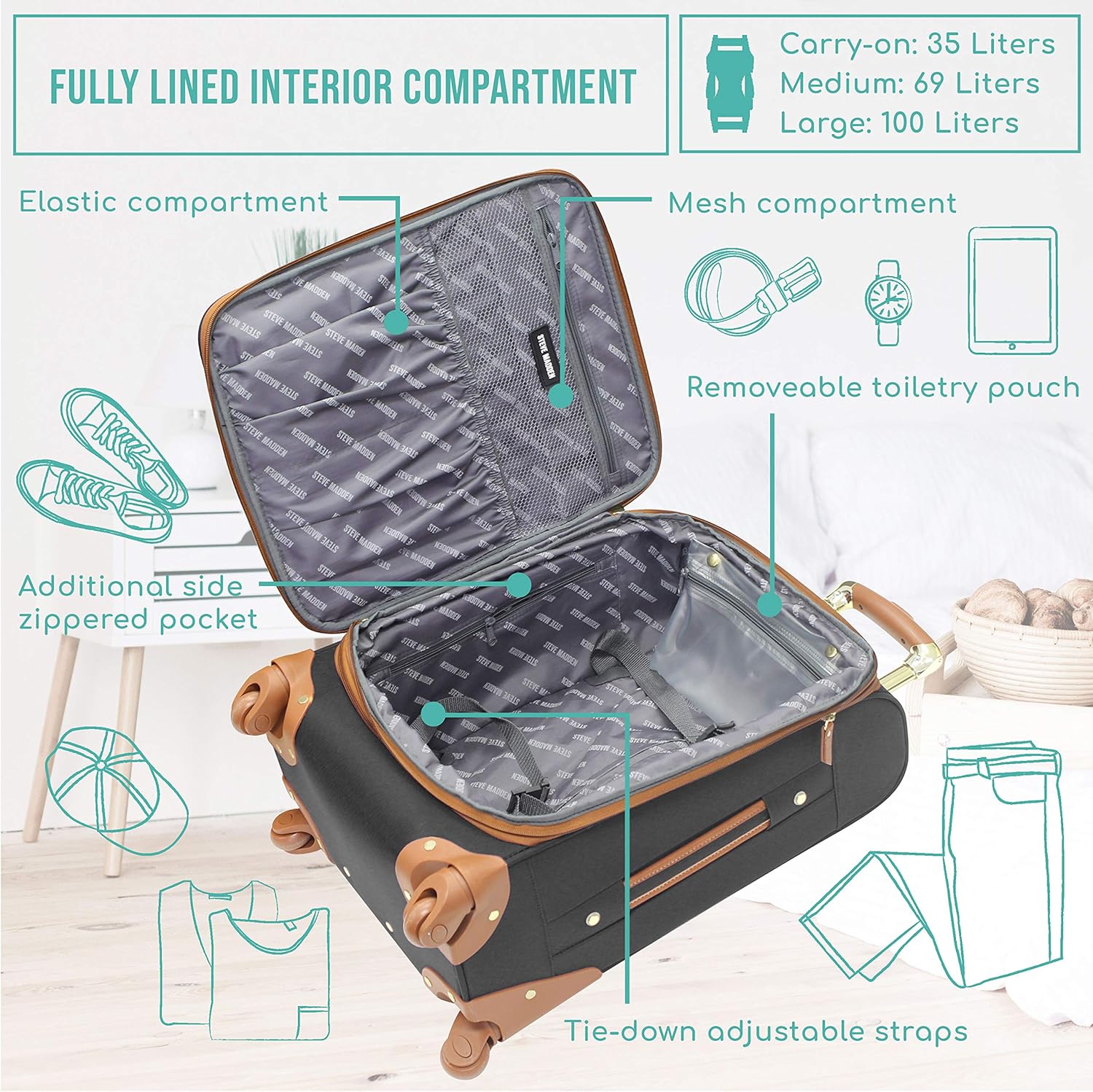 Steve Madden Designer Luggage Collection - Lightweight Softside Expandable Suitcase for Men & Women - Durable 20 Inch Carry On Bag with 4-Rolling Spinner Wheels (20in, Global Black)