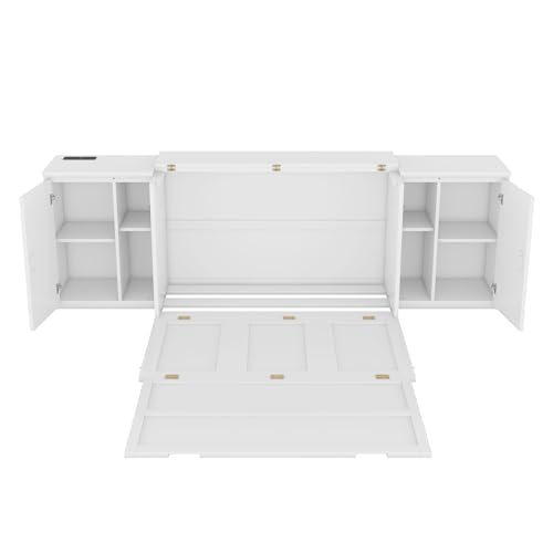 Queen Size Murphy Cube Bed with Bookcase,Can Be Folded Into Cabinet with Storage Shelves and Doors/USB Ports for Guest Room Home Office,White